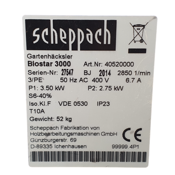 Подрібнювач гілок Scheppach Biostar 3000 - Б/В - 10133